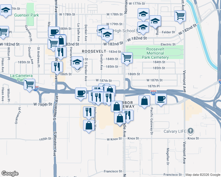 map of restaurants, bars, coffee shops, grocery stores, and more near 1436 West 187th Street in Gardena