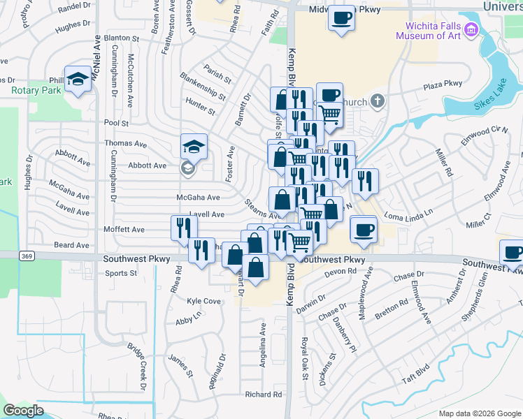 map of restaurants, bars, coffee shops, grocery stores, and more near 2806 Stearns Avenue in Wichita Falls