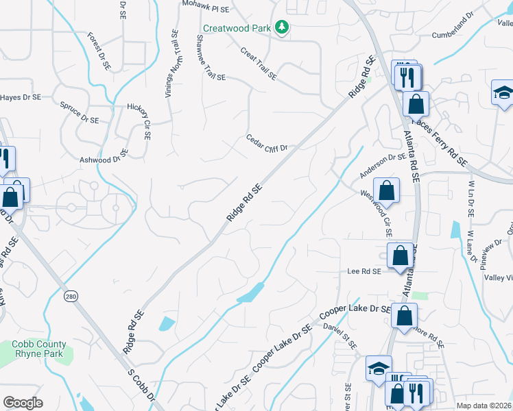 map of restaurants, bars, coffee shops, grocery stores, and more near 2033 Cliff Creek Court Southeast in Smyrna