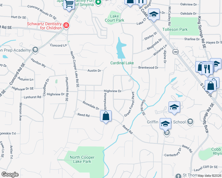 map of restaurants, bars, coffee shops, grocery stores, and more near 3819 Lake Drive Southeast in Smyrna
