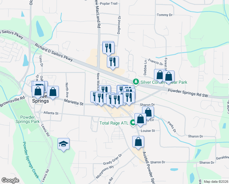map of restaurants, bars, coffee shops, grocery stores, and more near 4165 Integrity Way in Powder Springs