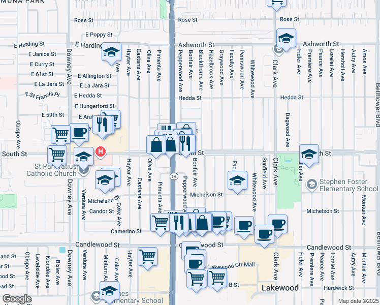 map of restaurants, bars, coffee shops, grocery stores, and more near 5815 Bonfair Ave in Lakewood