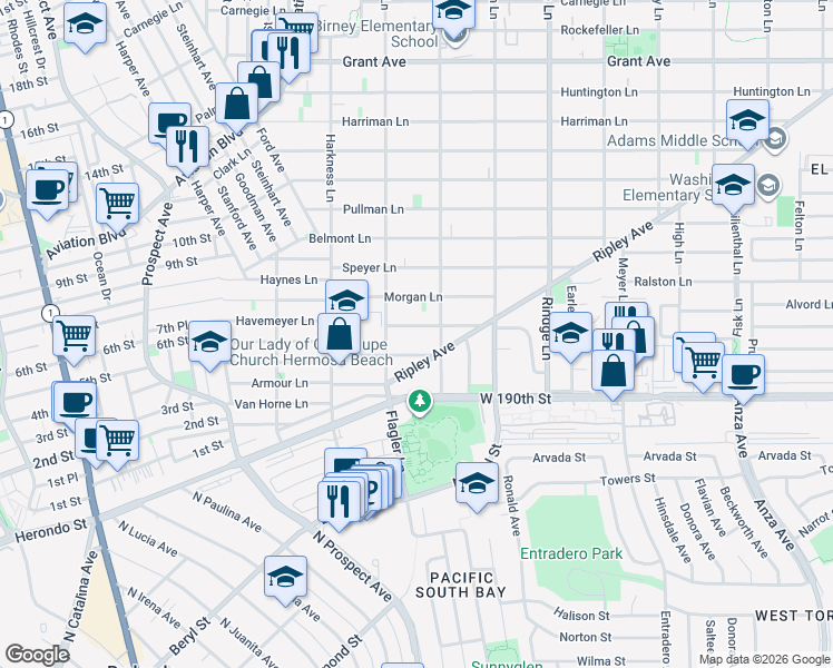 map of restaurants, bars, coffee shops, grocery stores, and more near 1905 Havemeyer Lane in Redondo Beach