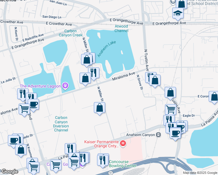 map of restaurants, bars, coffee shops, grocery stores, and more near 3400 East Miraloma Avenue in Anaheim