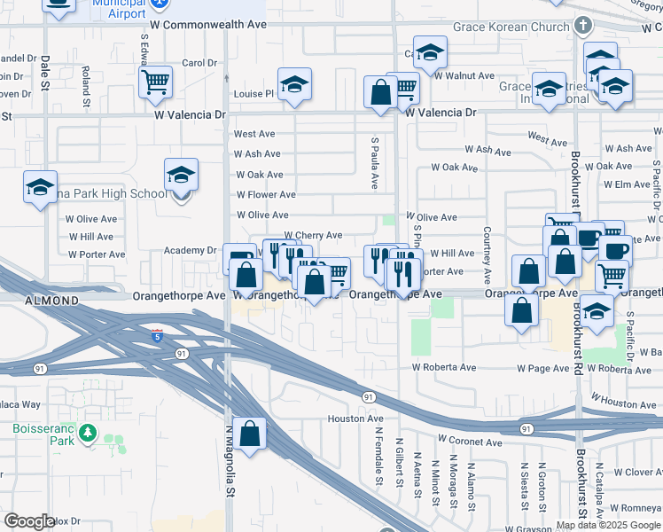 map of restaurants, bars, coffee shops, grocery stores, and more near in Fullerton