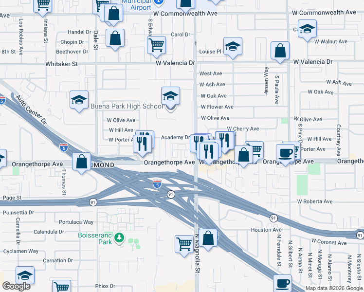 map of restaurants, bars, coffee shops, grocery stores, and more near 6918 Crimson Drive in Buena Park