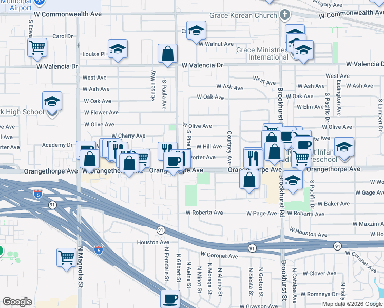 map of restaurants, bars, coffee shops, grocery stores, and more near 1013 South Pine Drive in Fullerton