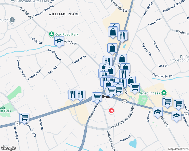 map of restaurants, bars, coffee shops, grocery stores, and more near 2183 Norton Road in Snellville