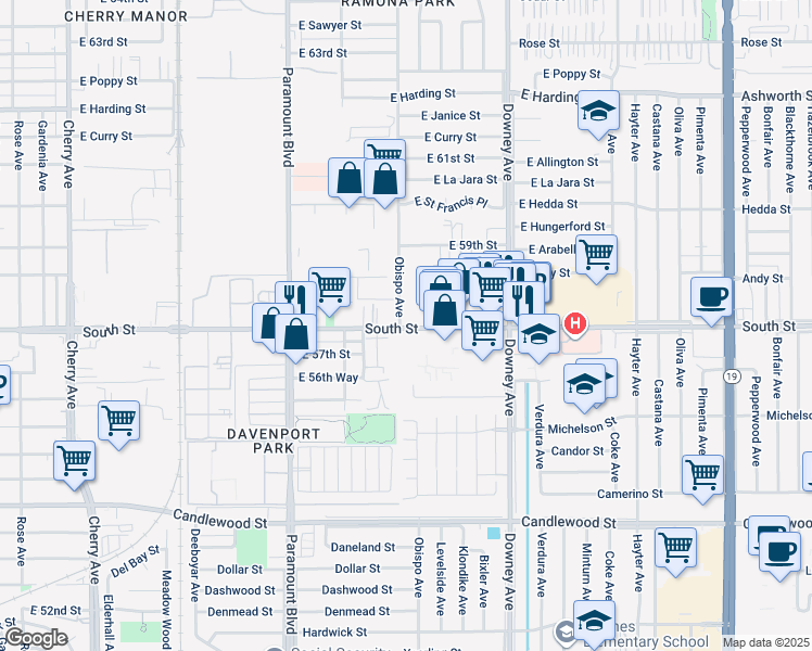map of restaurants, bars, coffee shops, grocery stores, and more near 3255 East South Street in Long Beach