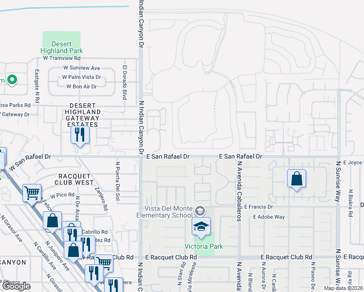 map of restaurants, bars, coffee shops, grocery stores, and more near 3564 Taylor Drive in Palm Springs