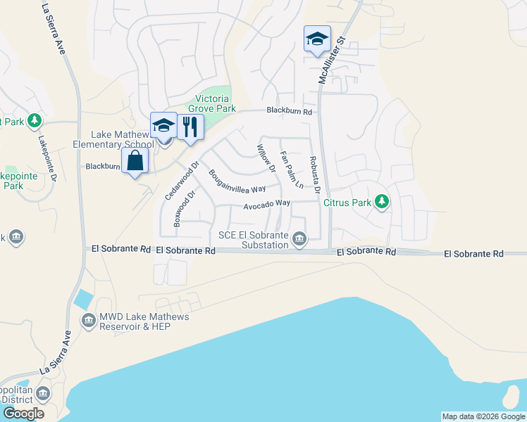 map of restaurants, bars, coffee shops, grocery stores, and more near 12620 Avocado Way in Riverside