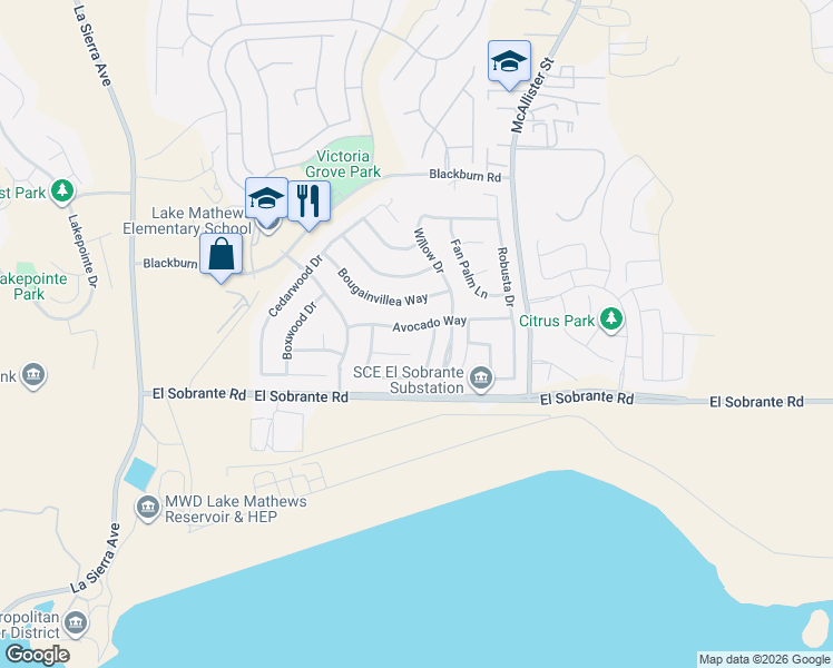 map of restaurants, bars, coffee shops, grocery stores, and more near 12620 Avocado Way in Riverside