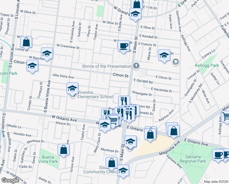 map of restaurants, bars, coffee shops, grocery stores, and more near 229 West Hacienda Drive in Corona