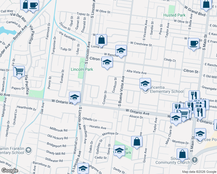 map of restaurants, bars, coffee shops, grocery stores, and more near 1957 Conejo Street in Corona