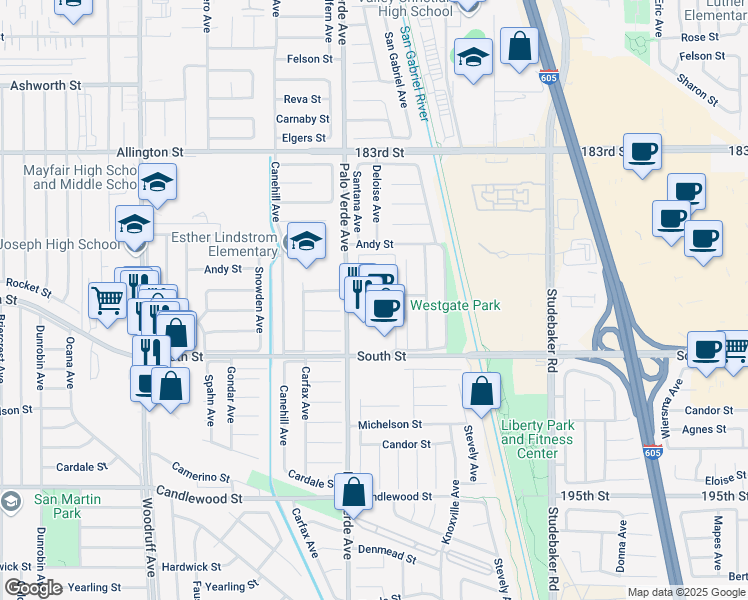 map of restaurants, bars, coffee shops, grocery stores, and more near 18717 Del Rio Place in Cerritos