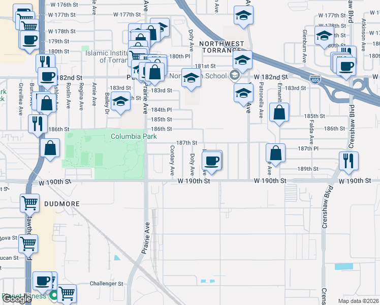 map of restaurants, bars, coffee shops, grocery stores, and more near 3811 187th Street in Torrance