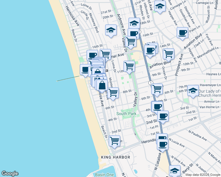 map of restaurants, bars, coffee shops, grocery stores, and more near in Hermosa Beach