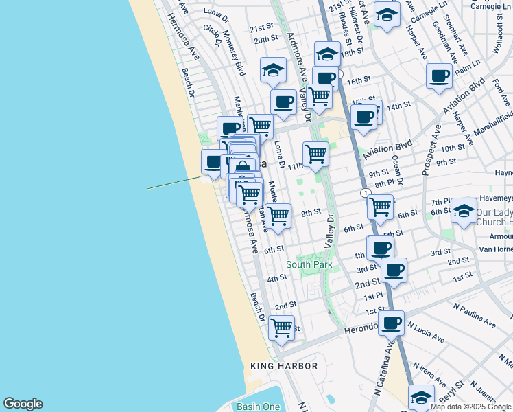 map of restaurants, bars, coffee shops, grocery stores, and more near 1018 Hermosa Avenue in Hermosa Beach