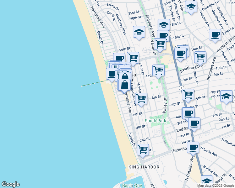 map of restaurants, bars, coffee shops, grocery stores, and more near 17 11th Court in Hermosa Beach