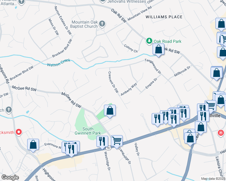 map of restaurants, bars, coffee shops, grocery stores, and more near 1977 Crescent Drive Southwest in Snellville