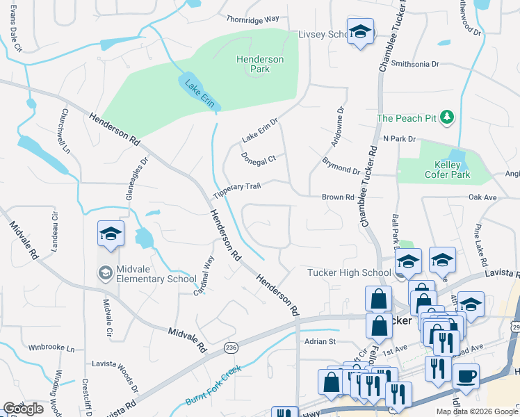 map of restaurants, bars, coffee shops, grocery stores, and more near 3987 Tipperary Trail in Tucker