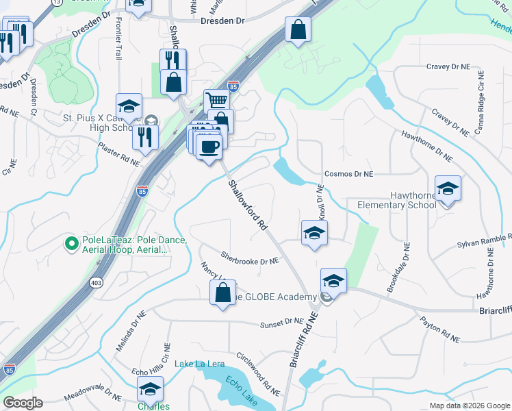 map of restaurants, bars, coffee shops, grocery stores, and more near 2620 Lake Flair Circle Northeast in Atlanta