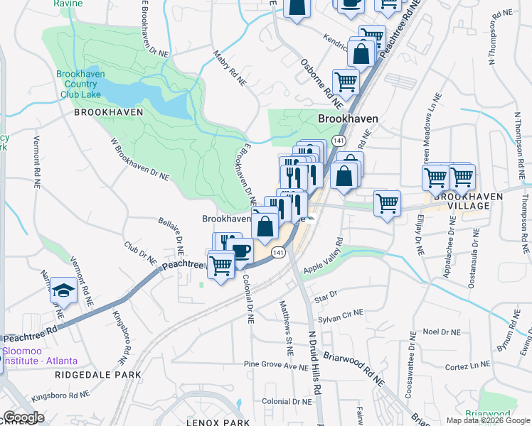 map of restaurants, bars, coffee shops, grocery stores, and more near 3910 East Brookhaven Drive Northeast in Atlanta