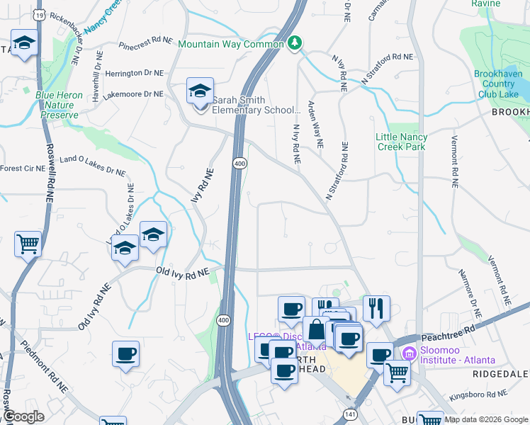 map of restaurants, bars, coffee shops, grocery stores, and more near 3818 North Stratford Road Northeast in Atlanta