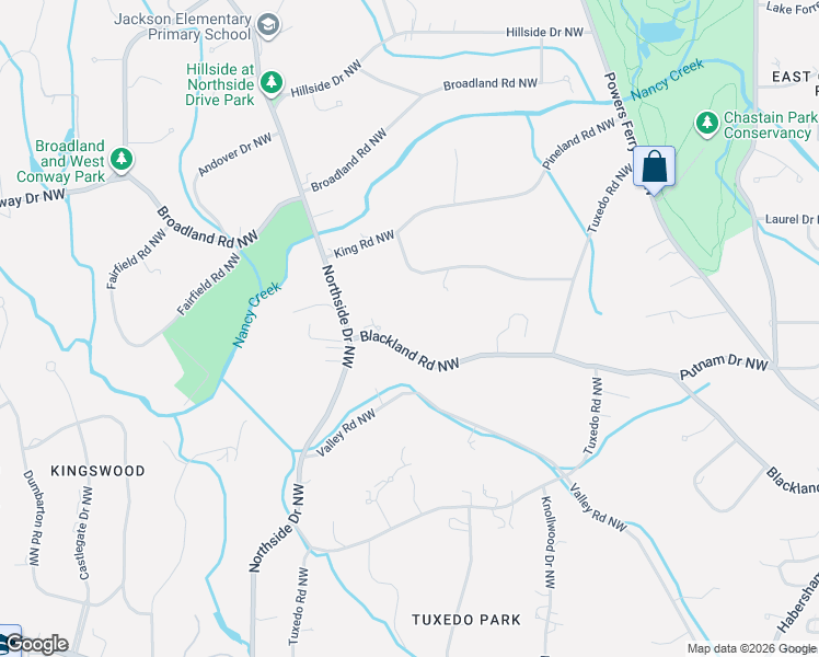 map of restaurants, bars, coffee shops, grocery stores, and more near 386 King Road Northwest in Atlanta