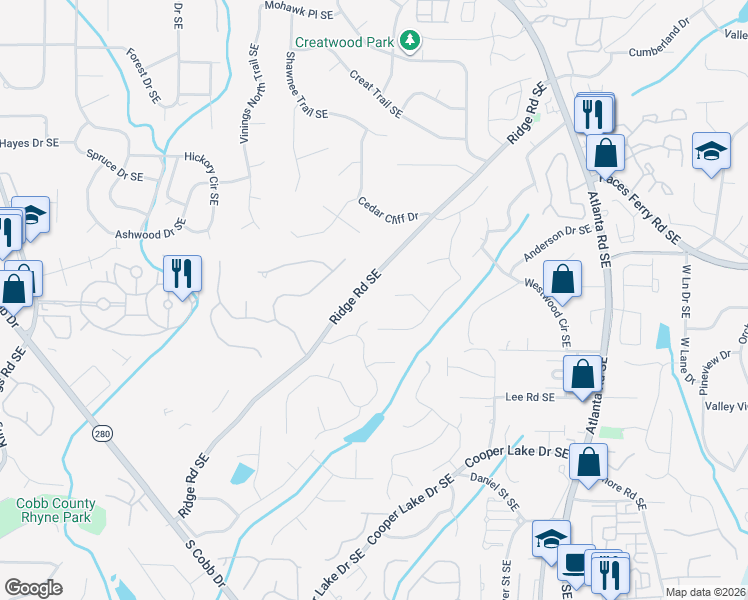 map of restaurants, bars, coffee shops, grocery stores, and more near 2033 Cliff Creek Court Southeast in Smyrna