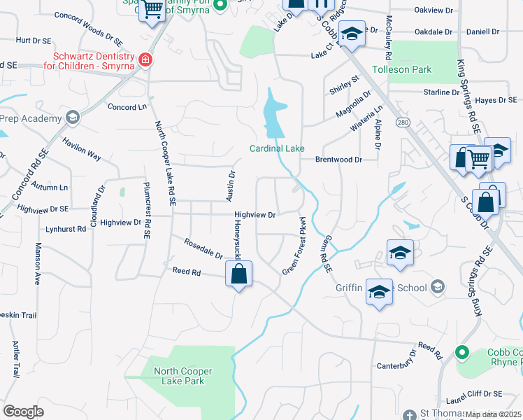 map of restaurants, bars, coffee shops, grocery stores, and more near 3843 Lake Drive Southeast in Smyrna