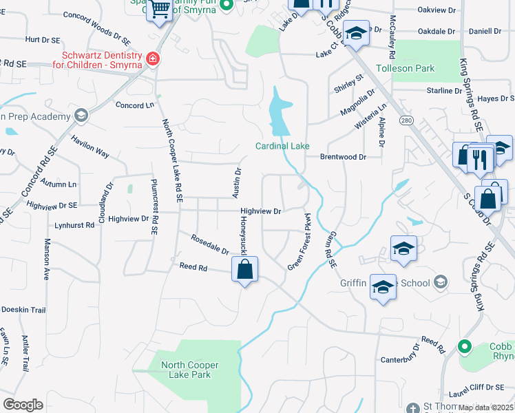 map of restaurants, bars, coffee shops, grocery stores, and more near 3844 Lake Drive Southeast in Smyrna