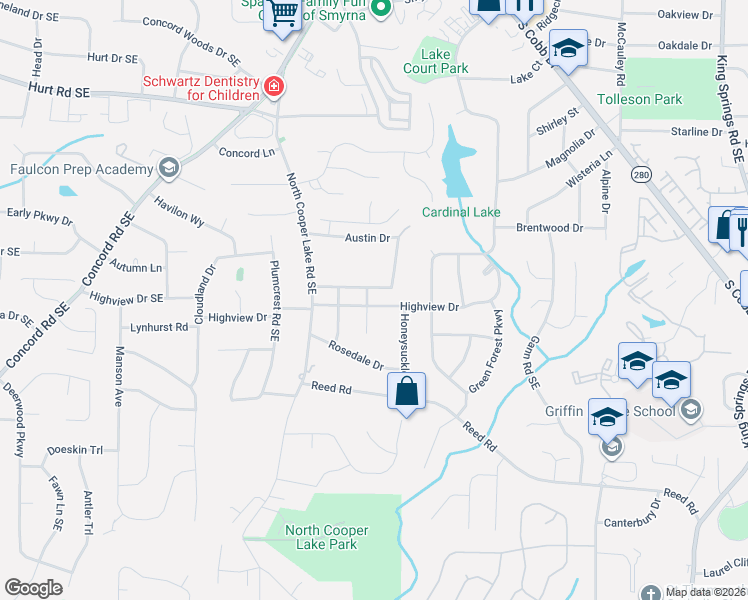 map of restaurants, bars, coffee shops, grocery stores, and more near 850 Austin Lake Drive in Smyrna