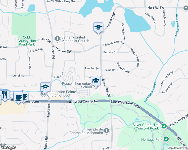 map of restaurants, bars, coffee shops, grocery stores, and more near 561 Lee Ann Drive in Smyrna