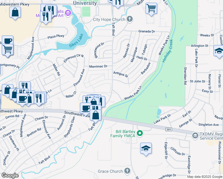map of restaurants, bars, coffee shops, grocery stores, and more near 2311 Barbados in Wichita Falls