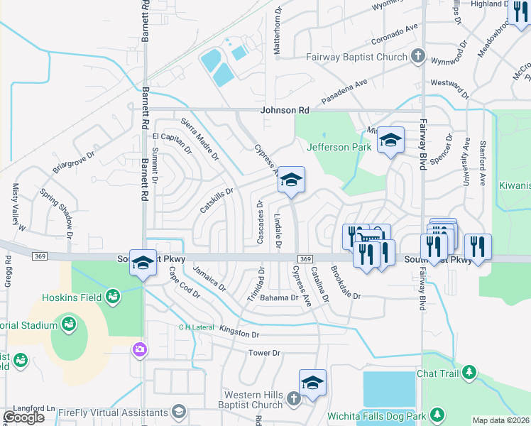 map of restaurants, bars, coffee shops, grocery stores, and more near 4612 Cascades Drive in Wichita Falls
