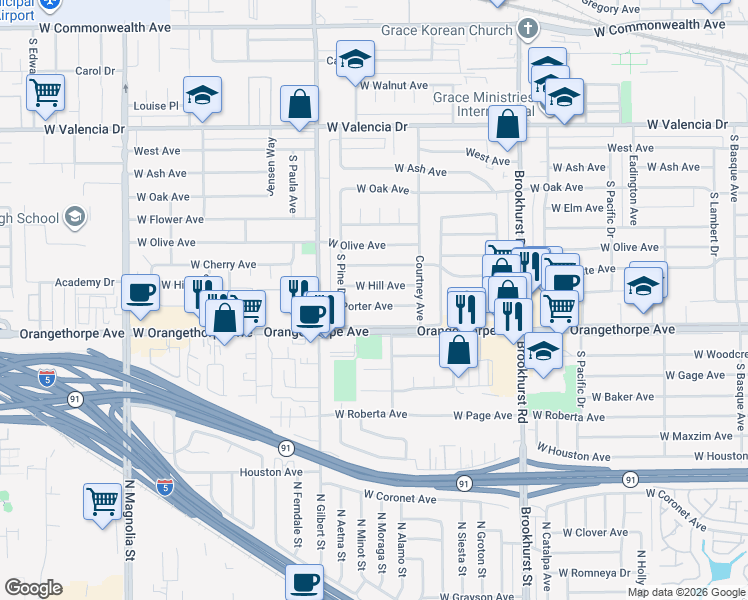 map of restaurants, bars, coffee shops, grocery stores, and more near 2107 West Porter Avenue in Fullerton