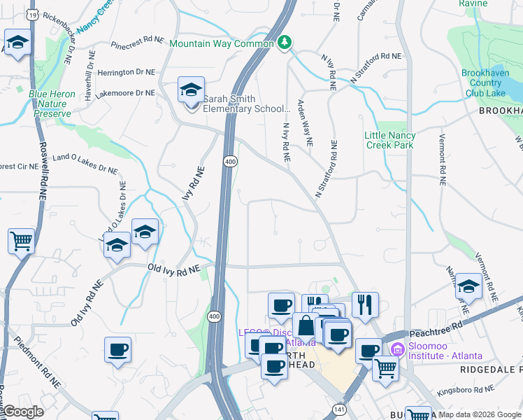 map of restaurants, bars, coffee shops, grocery stores, and more near 3818 North Stratford Road Northeast in Atlanta