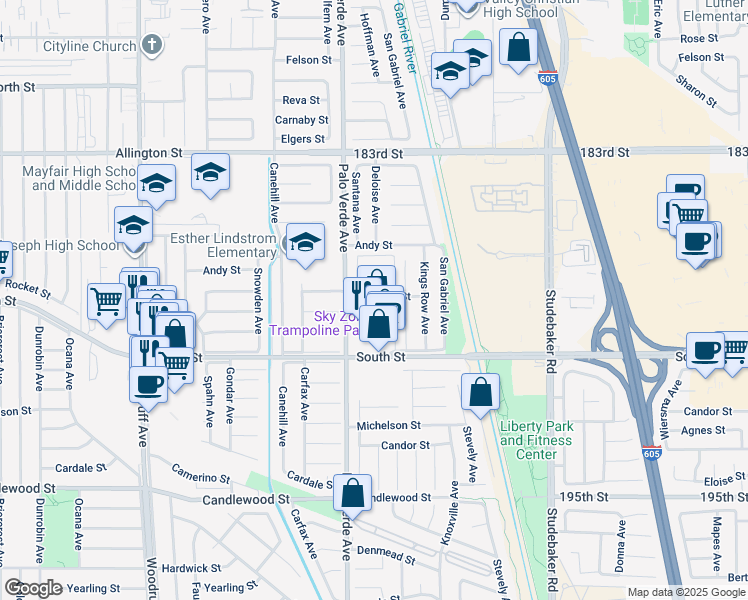 map of restaurants, bars, coffee shops, grocery stores, and more near 18728 Del Rio Place in Cerritos