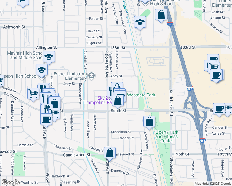 map of restaurants, bars, coffee shops, grocery stores, and more near 18717 Del Rio Place in Cerritos