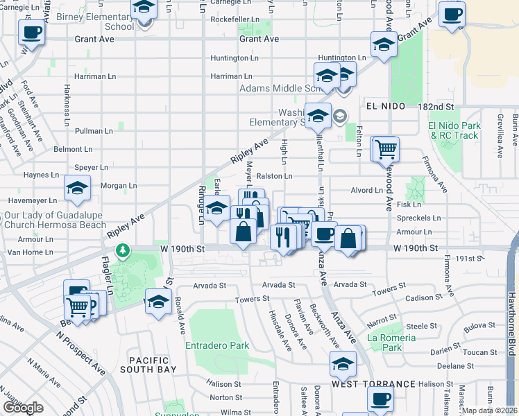 map of restaurants, bars, coffee shops, grocery stores, and more near 700 Meyer Lane in Redondo Beach