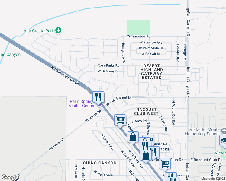 map of restaurants, bars, coffee shops, grocery stores, and more near 2801 Los Felices Circle East in Palm Springs