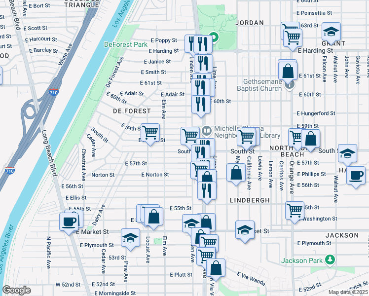 map of restaurants, bars, coffee shops, grocery stores, and more near 477 East South Street in Long Beach