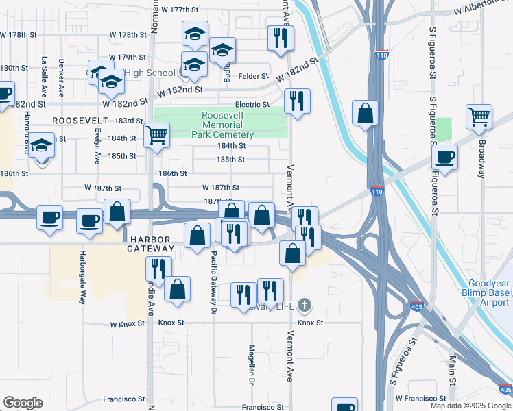 map of restaurants, bars, coffee shops, grocery stores, and more near 1062 187th Place in Gardena