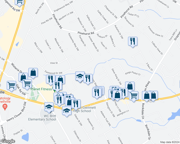 map of restaurants, bars, coffee shops, grocery stores, and more near 2375 Hickory Station Circle in Snellville