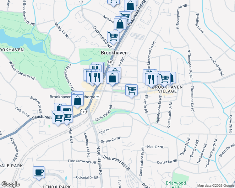 map of restaurants, bars, coffee shops, grocery stores, and more near 2564 Oglethorpe Circle Northeast in Atlanta