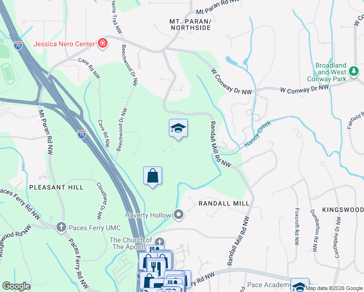 map of restaurants, bars, coffee shops, grocery stores, and more near 3861 Randall Ridge Road Northwest in Atlanta