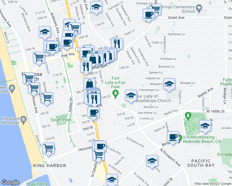 map of restaurants, bars, coffee shops, grocery stores, and more near 1102 7th Place in Hermosa Beach