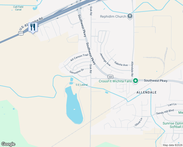 map of restaurants, bars, coffee shops, grocery stores, and more near 6703 Geronimo Drive in Wichita Falls