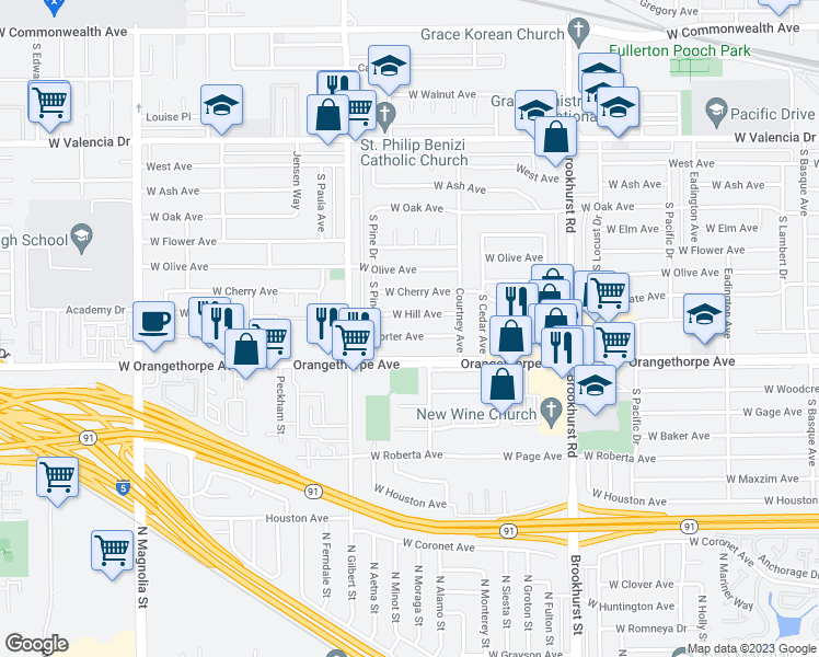map of restaurants, bars, coffee shops, grocery stores, and more near 2107 West Porter Avenue in Fullerton